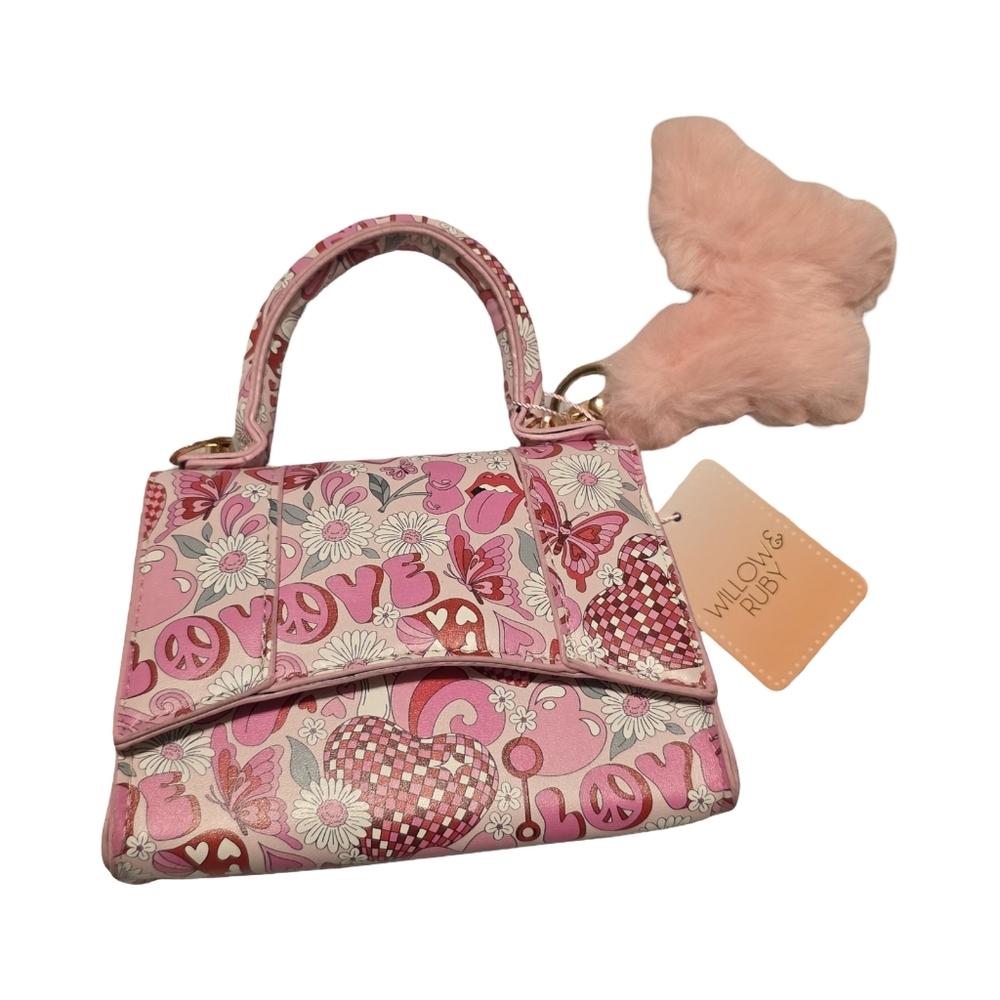 Willow & Ruby Pink Retro Love Mini Bag w/ Chain Strap & Heart Puff Charm NWT